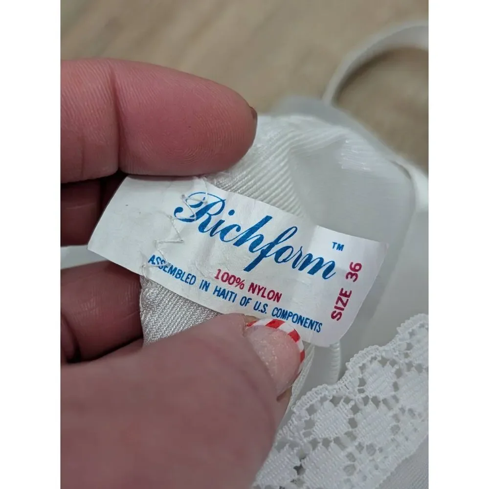 Vintage Rich Form White Nylon Full Slip Lace Trim Size 36 Bridal Coquette Boho